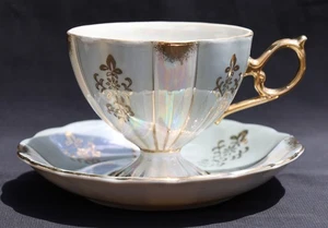 Vintage Footed TEACUP & SAUCER SET Pale Blue, White, Opal Lustre, Gold Accent - Picture 1 of 6
