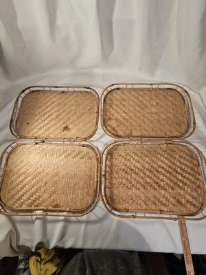 4 Vintage Bamboo Rattan Wicker Serving Lap Trays- Tiki Bar - 19"x 13"   - Image 1 of 4