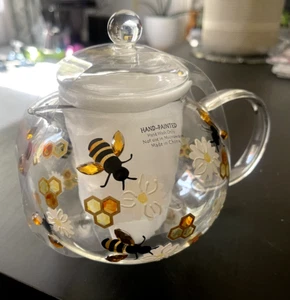 Hand Painted Bee Daisy Honeycomb Clear Glass Teapot Kettle - Picture 1 of 13