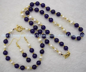 Real Natural White Pearl & 8mm Amethyst Gems Beads Necklace Bracelet Earring Set - Picture 1 of 12