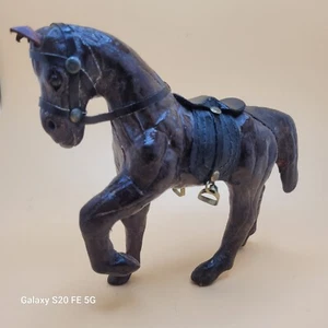 Vintage Hand Made Dark Brown Leather Walking Horse Figurine 6 1/2 Inch Tall - Picture 1 of 14