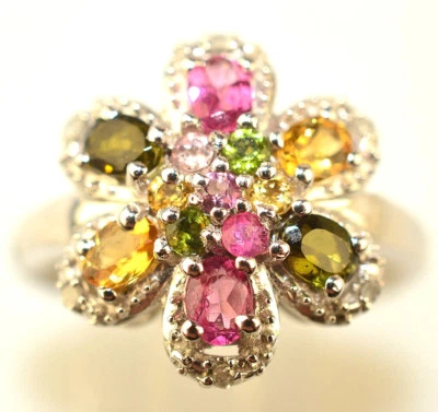 STERLING SILVER PINK & GREEN & YELLOW TOPAZ FLOWER CLUSTER RING SIZE 7.25 - Image 1 of 4