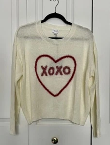 Le Lis XOXO Red Tinsel Heart Valentine Print Pattern White Knit Sweater Womens L - Picture 1 of 14