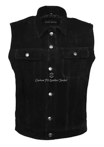 New Mens Trucker Real Cowhide Leather Waistcoat Black Suede Classic Western 1280 - Picture 1 of 6