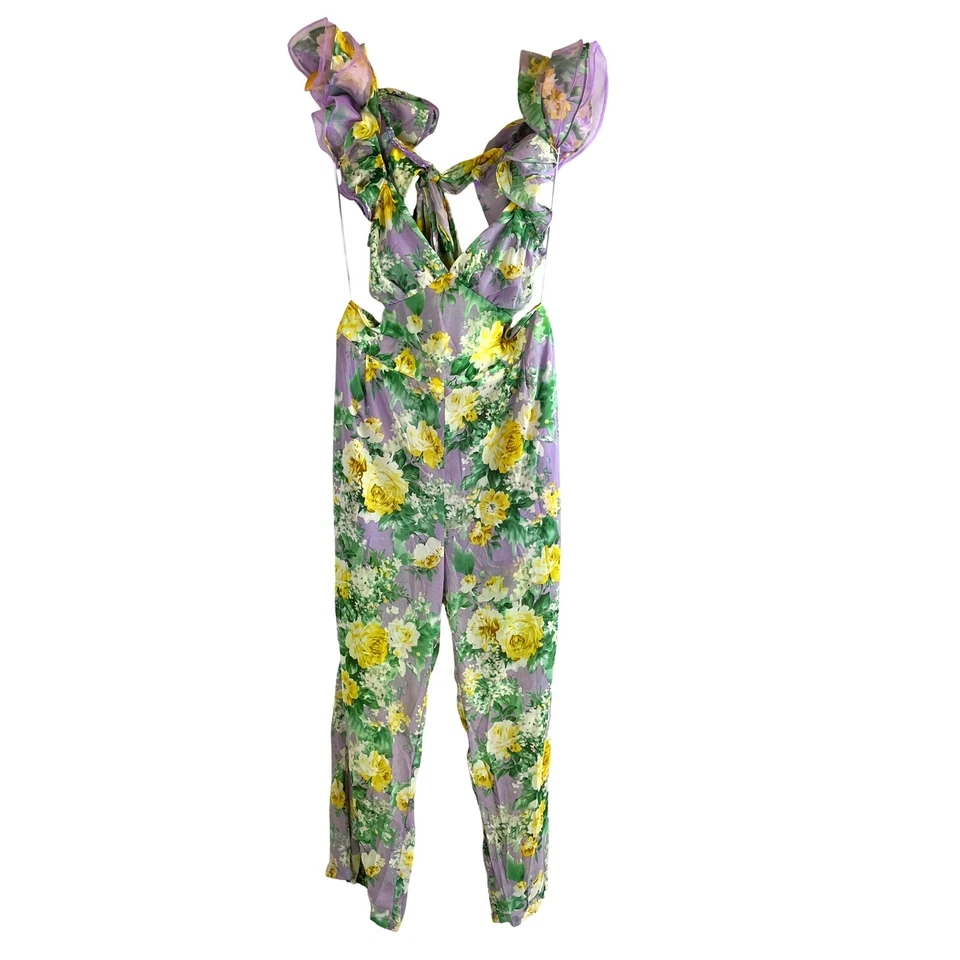 Macacão feminino novo com etiquetas floral babado costas abertas lavanda macacão grande coquette - Imagem 1 de 4