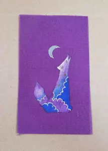 Vintage Handpainted Wolf Howling At Moon Cross Stitch Purple Canvas 3" Design - Picture 1 of 2