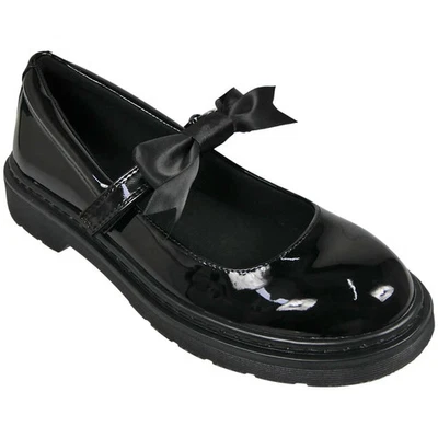 SHOE TRAP Back To School Shoes Girls Ladies Bow Black Patent Grip Work Womens Shoes Sizes