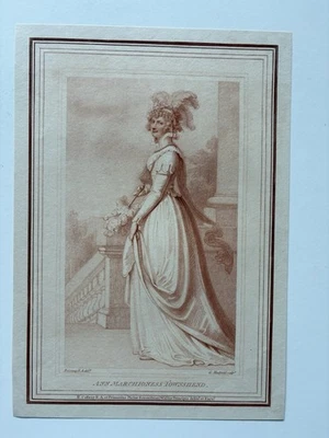 Grabado antiguo - Ann, marquesa Townshend en vestido de disfraz y sombrero de plumas Foto 1 de 2