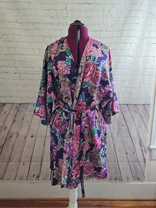 Vintage California Miss Satin türkis lila Blumen Kimono Morgenmantel 80er Glam - Bild 1 von 9