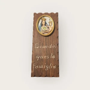 Religiöse Tafel Madonna Benedici This Familia, Holz geschnitzt Vintage - Bild 1 von 7