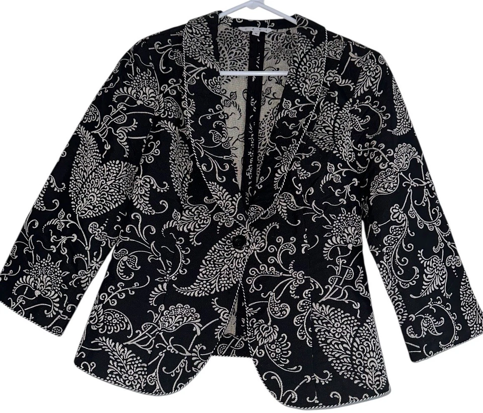 复古 Cabi Eliza 锦缎 8 码刺绣花卉西装外套黑色奶油色浪漫 — 第 1/4 张图片