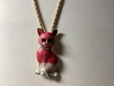 "Collar Betsey Johnson esmalte rosa y blanco estrás gato oro cadena 28""" Foto 1 de 4