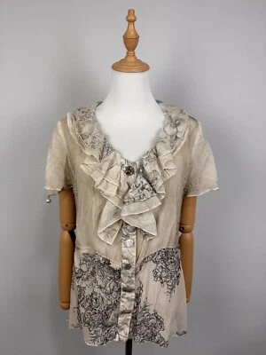 Blusa italiana Elisa Cavaletti manga corta con volantes flores beige cuello en V Foto 1 de 4