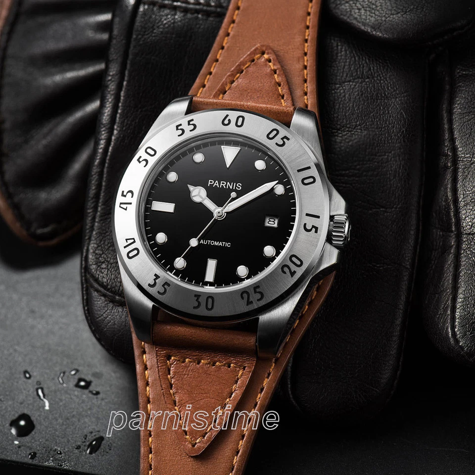 Автоматические мужские механические часы Parnis Sapphire Miyota черный циферблат кожаный ремешок - Изображение 1 из 4