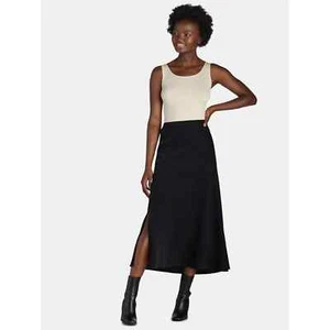 Time and Tru Maxi Skirt Women's L Black Satin High Rise Side Slit 100% Polyester - Picture 1 of 4