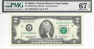 2003A Dallas $2 FRN (KA Block) PMG 67 EPQ Superb Gem Uncirculated - Image 1 of 4