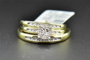 Diamond Trio Set His Hers Matching Engagement Ring Wedding Band 10K Yellow Gold - Picture 1 of 8