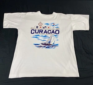 Vintage 90s Curacao T-Shirt Single Stitch White Design Sailboat XXL Nice Quality - Picture 1 of 9