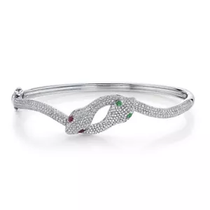 14K White Gold Diamond Ruby Emerald Snake Bangle Bracelet 2 Heads Certified 1.42 - Picture 1 of 7