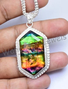 Natural Ammolite Gemstone 925 Sterling Silver Pendant With Chain Certified 26 Gm - Picture 1 of 11
