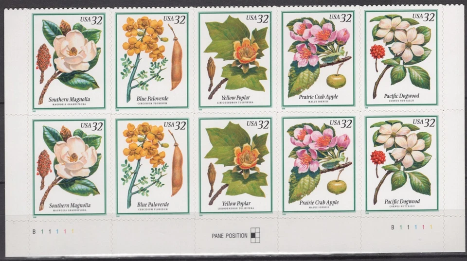 SC# 3193-97 - 1998 32¢ Flowering Trees - Top Plate Block of 10 Stamps - Image 1 of 1