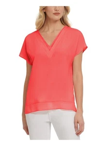 DKNY Womens Sheer Chiffon Trim Vented Hem Short Sleeve V Neck Wear To Work Top - Picture 1 of 9