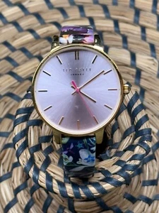 Women’s Ted Baker London Wristwatch Floral Band Genuine Leather Gold Tone READ - Picture 1 of 9
