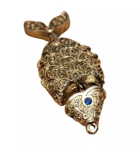 Vintage Gold Fish Pendant Locket Blue Rhinestone Cosmetic Case Jewelry Necklace - Picture 1 of 6