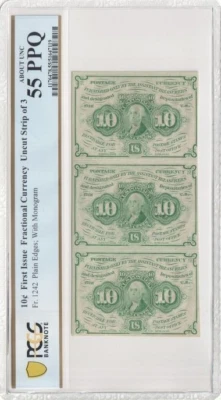 First Issue 10 Cents Fractional Currency Sheet Fr#1242 3 NOTES PCGS AU55 PPQ - Image 1 of 3