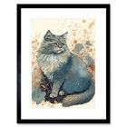 Fluffy Cat In Wildflowers Watercolour Framed Wall Art Print Picture 9X7 In
