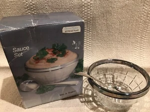 VINTAGE Silver Plated Serving Spoon & Crystal Bowl Dish SAUCE SET Italy Rogers - Picture 1 of 9
