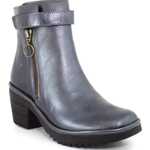 FLY London Went Ankle Boots Leather Zip Chunky Block Heel Graphite Blue, Size 39 - Picture 1 of 13