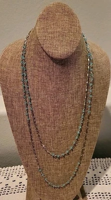 Natasha Couture Silver tone long chain necklace with light blue beads - Image 1 of 4