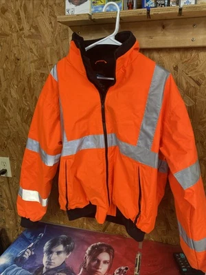 Mens L Tri Mountain Blaze Orange Hi Vis 3M Reflective Tape Safety Bomber Jacket - Image 1 of 2