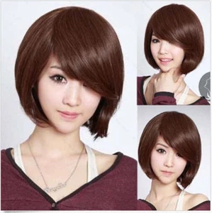 Fashion Short Brown Straight Bob Cosplay Party Women's Hair Wig Full Wigs + Cap - Picture 1 of 4