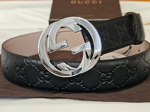 Gucci Black Leather Signature Belt Silver GG Size 30/32 - Picture 1 of 17
