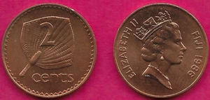 FIJI 2 CENTS 1986 UNC PALM FAN AND DENOMINATION,ELIZABETH II,CROWNED HEAD RIGHT, - Picture 1 of 1