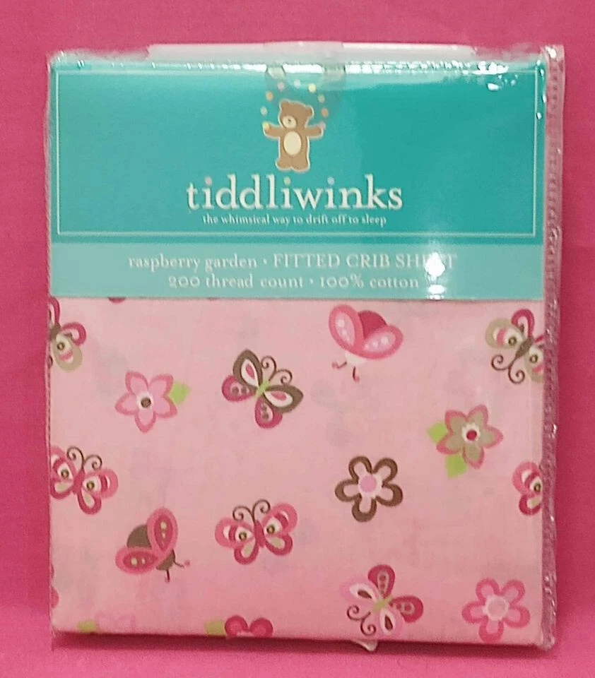 Sábana Cuna Tiddlywinks Rosa Mariposas Flores Rosa Marrón Frambuesa Jardín Foto 1 de 2