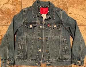 LEVI DENIM TRUCKER JACKET ( GIRLS 8-10, SMALL ) INDIGO POLKA DOT LINED PREOWNED - Picture 1 of 7