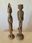 Vintage Hand Carved Sculpted Wood Clay Tall Rabbit Cat Figurines