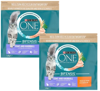 2 x 1,4 kg Purina One Coat & Hairball (€ 9,27/kg) mit Huhn für Katzen