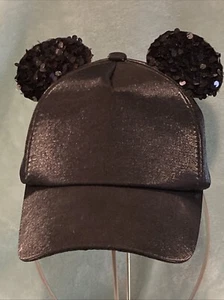 NWOT Disney Shiny Black Adjustable Child Strap Hat Cap Sequin Ears Mickey Mouse - Picture 1 of 8