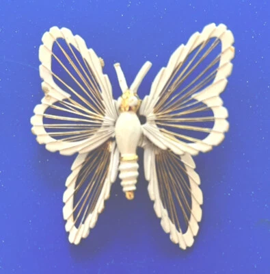 Vintage Monet White Enamel Butterfly Goldtone Wire Wings Brooch Pin 2”x 1.5” - Image 1 of 3