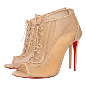 Christian Louboutin Open Ondessa 100 Nude Mesh Lace Up Tie Ankle Heel Bootie 40 - Picture 1 of 12