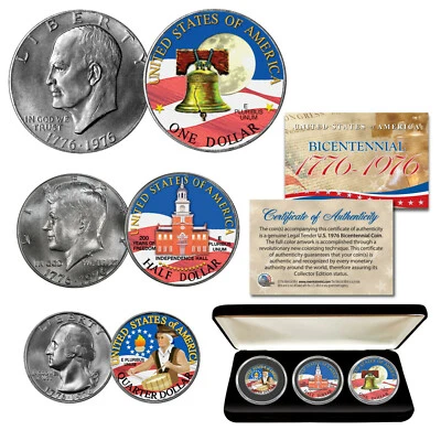 1976 Bicentennial COLORIZED Patriotic 3-Coin Set JFK / IKE / QUARTER with BOX - Image 1 of 3