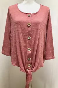 New CABLE & GAUGE Womens Top L-XL Button Up Tie 3/4 Sleeve Textured Stretch - Picture 1 of 11