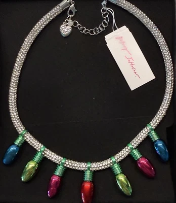 BETSEY JOHNSON COLORFUL LIGHTS Rhodium Tone Glass Stones Mesh Necklace NWT - Image 1 of 4
