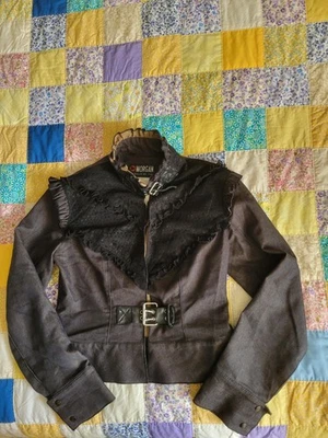 Morgan De Toi Black Denim Lace Ruffle Buckle Collar Jacket - Image 1 of 4