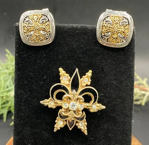 Vintage Byzantine era gold/silver clip earrings & fleur de lis brooch - lot of 2 - Picture 1 of 9