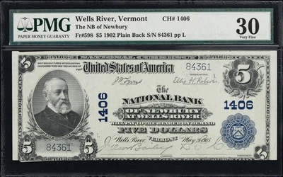 1902 $10 THE NB OF NEWBURY AT WELLS RIVER VERMONT PMG 30 - Image 1 of 2